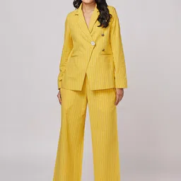 NOT SO PINK Women Mustard Yellow Striped Single-Breasted Overlap Blazer-image-48