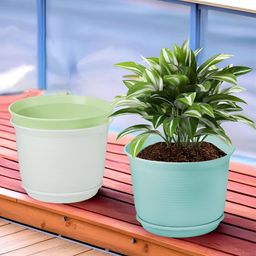 Kuber Industries White & Green 3 Pieces Flower Pot Planters With Tray-94