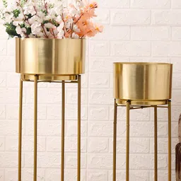 HomeShastra Oasis Gold 2 Pieces Metal Planters with Stand-picture-14
