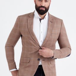 MR BUTTON Men Beige Checked Single-Breasted Slim-Fit Causal Blazers-image-11