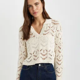 DeFacto Open Knit Self Design V-Neck Crop Pullover Sweater-20