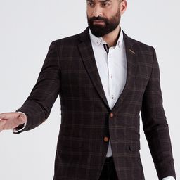 MR BUTTON Men Brown Checked Slim-Fit Single Breasted Casual Blazers-picture-5