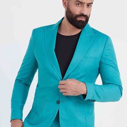 MR BUTTON Men Teal Blue Solid Single Breasted Slim-Fit Blazer-picture-14