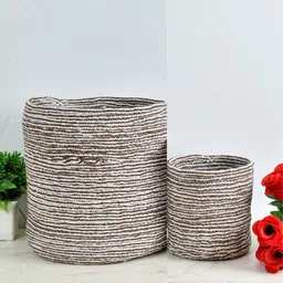 Homefab India 2-Pieces Brown & White Braided Woven Design Cotton Planter Baskets-4
