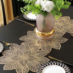 MONKDECOR Gold Toned Cutwork Floral Shaped Table Runner-11
