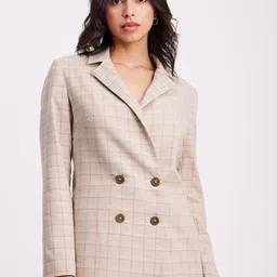 FableStreet Checked Tailored-Fit Double-Breasted Blazer-image-34