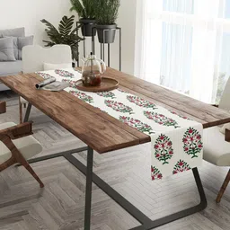 STITCHNEST White & Red Printed 6-Seater Table Runner-image-0