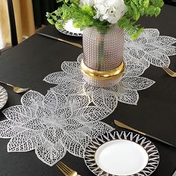 MONKDECOR Grey Cutwork Floral Shaped Table Runner-14