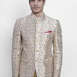Wintage Men Beige & Blue Printed Banarasi Bandhgala Blazer-image-25