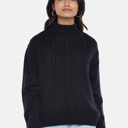 Honey by Pantaloons Women Navy Blue Cable Knit Pullover Sweater-image-103