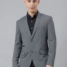 MR BUTTON Men Grey Solid Slim-Fit Single Breasted Formal Blazer-image-97