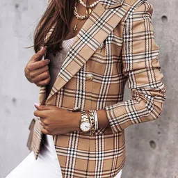 StyleCast Brown Checked Notched Lapel Collar Double-Breasted Blazers-image-34