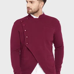 Hypernation Men Maroon Solid Pure Cotton Bandhgala Blazer-image-14