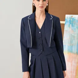 Koton Striped Notched Lapel Open Front Crop Blazer-39