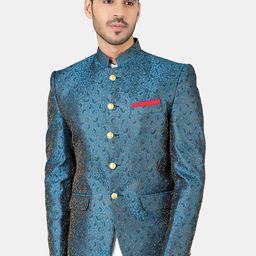 Wintage Men Teal Green Banarasi Bandhgala Blazer-image-36