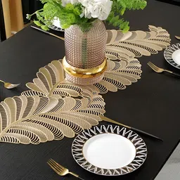 MONKDECOR Gold Toned Cutwork Leaf Shaped Table Runner-20