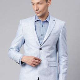 HARSAM Men Blue Solid Pure Linen Single Breasted Slim-Fit Blazer-48