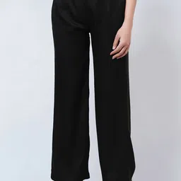 First Resort by Ramola Bachchan Women Black Relaxed Straight Leg Plain Trousers-image-21