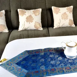 Lal Haveli Blue & Red Floral Table Runner With Tassels-0