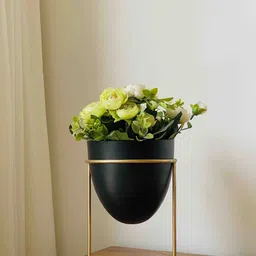 Folkstorys Black & Gold-Toned Solid Ceramic Planter With Holder-image-86