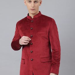 MR BUTTON Men Maroon Solid Slim-Fit Single Breasted Ethnic Blazer-image-25