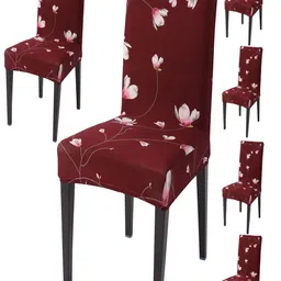 HOKIPO 6 Pcs Red & White Floral-Printed Stretchable Chair Covers-13