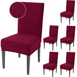 HOKIPO 6 Pcs Maroon Textured Jacquard Stretchable Chair Covers-16