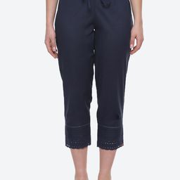 Biba Women Navy Blue Solid Slim Fit Cotton Regular Trousers-image-85
