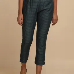 W The Folksong Collection - Women Teal Blue Checks Jacquard Slim Pants-image-58