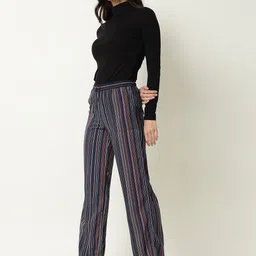 RAREISM Women Black Striped Tailored Slim Fit Trousers-11