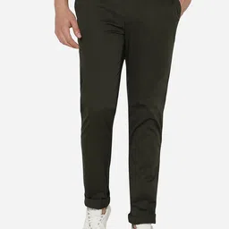 JADE BLUE Men Green Slim Fit Solid Cotton Chinos Trousers-picture-34