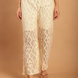TAG 7 Women Ethnic Motifs Relaxed Straight Leg Mid-Rise Cotton Crotchet Parallel Trousers-image-9
