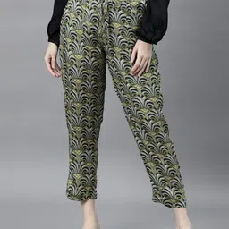 RAREISM Women Green Ethnic Motifs Printed Peg Trousers-image-11