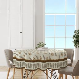 Astitva Cream Coloured & Brown Block Printed 4 Seater Round Shape Cotton Table Cover image 1