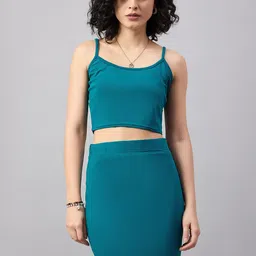 The Roadster Lifestyle Co. Blue Shoulder Straps Casual Crop Top With Skirt & Blazer-27