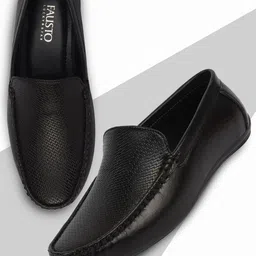 FAUSTO Men Black Textured PU Loafers-image-8