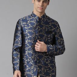 Hangup Men Blue Self Design Bandhgala Blazers-36