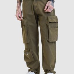 Snitch Olive Plain Relaxed Fit Cargo Pants-image-9