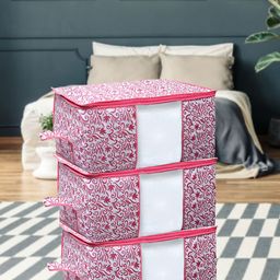 Kuber Industries Pink & White 4 Pieces Leaf Printed Non Woven Underbed Storage Organisers-9