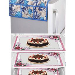 Dakshya Industries Brown & Blue 4 Pcs Floral Fridge Cover & Fridge Mats-image-20