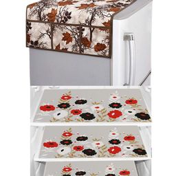 Dakshya Industries Beige & Red4 Pieces Floral Printed Refrigerator Cover & Mats-35