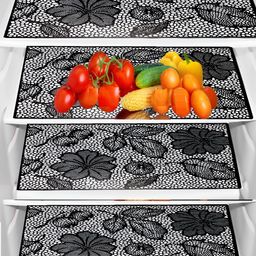 REVEXO Black & Transparent 4 Pcs Printed Water Resistant Shelf Liner Fridge Mat-42