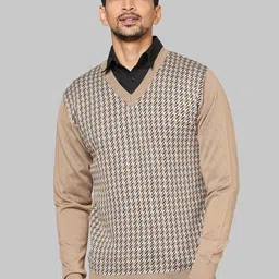 Raymond Men Beige & Black Checked Pullover-image-24