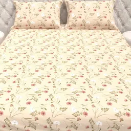 THE WHITE MOSS Beige & Pink Floral 130 TC Queen Bedsheet with 2 Pillow Covers-image-66