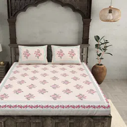 BED-SHEET.COM Pink & Peach Floral Cotton 240 TC King Bedsheet With 2 Pillow Covers-14