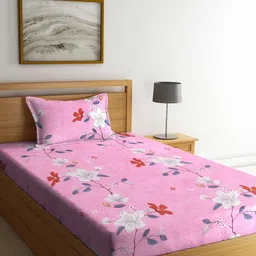Arrabi Pink & Red Floral 300 TC Single Bedsheet with 1 Pillow Covers-48
