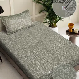FABINALIV Taupe Floral 300 TC Embossed Fitted Single Bedsheet with 1 Pillow Covers-image-86