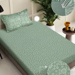 FABINALIV Green Floral 300 TC Embossed Fitted Single Bedsheet with 1 Pillow Covers-14