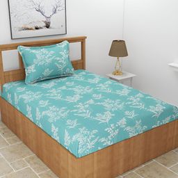 BREVARD Green & White Floral 210 TC Single Bedsheet with Pillow Cover-image-98