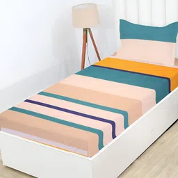 RD TREND Beige & Green Striped Cotton Fitted 210 TC Single Bedsheet With 1 Pillow Cover-image-92
